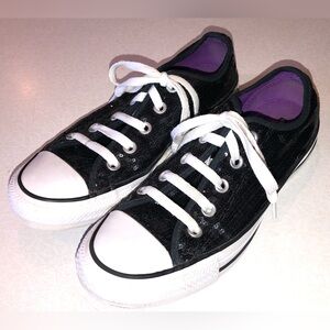 Converse Black Sequin Low-Top Sneakers with White Laces and Purple Lining - 6